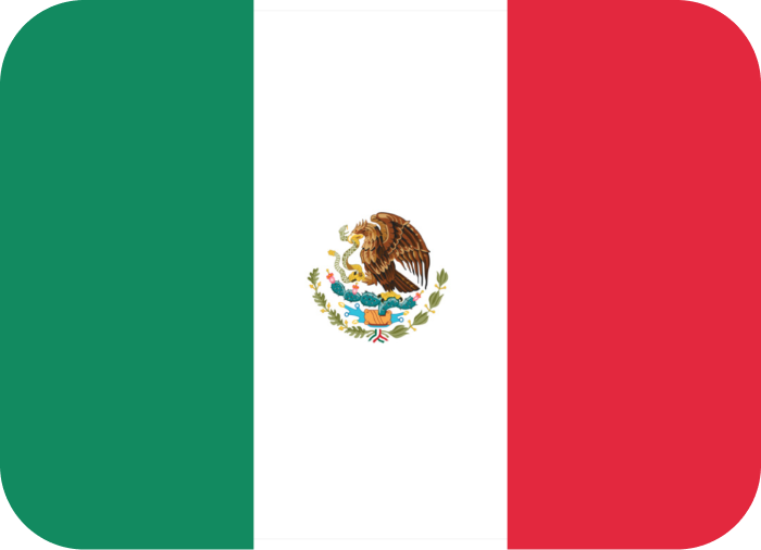 Flag of Mexico featuring vertical stripes of green, white, and red, with a coat of arms featuring an eagle holding a serpent in the center white stripe.