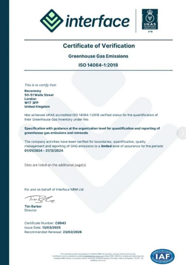 Certificate of Verification for Greenhouse Gas Emissions, ISO 14064-1:2018 for Reconomy, issued by Interface NRM Ltd, with verification from UKAS. The certificate number is C8943, issued on March 13, 2025, with recommended renewal on February 23, 2026. Valid for the period from January 1, 2024, to December 31, 2024.